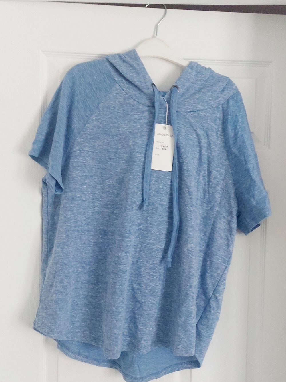 Z Avenue USA-Heathered Sky Blue Hooded Short Sleeve Top 3XL